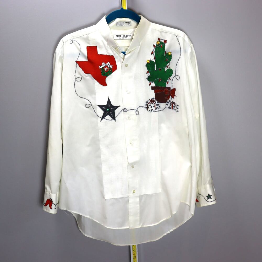 Neil Allyn Texas Holiday‎ Shirt Women’s L Hand Painted Novelty Tuxedo Blouse